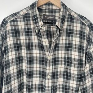 Eddie Bauer Mens Plaid‎ Button-Down 100% Linen Long Sleeve Shirt Size L Green